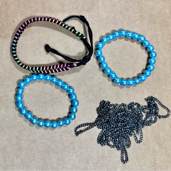 Women’s Bracelet Set – Blue Pearl Beads, Rainbow Rope, Silver Chain – 4 Pieces - Picture 4 of 4